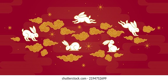 Red vector banner, poster, premade card template. Chinese illustration of the Rabbit Zodiac sign. Symbol of 2023 in the Chinese Lunar calendar. Black Water Rabbit, Chine Calendar.