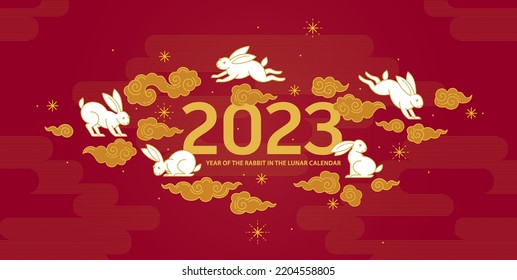 Red vector banner, poster, premade card template. Chinese illustration of the Rabbit Zodiac sign. Symbol of 2023 in the Chinese Lunar calendar. Black Water Rabbit, Chine Calendar.