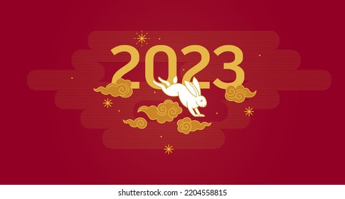 Red vector banner, poster, premade card template. Chinese illustration of the Rabbit Zodiac sign. Symbol of 2023 in the Chinese Lunar calendar. Black Water Rabbit, Chine Calendar.