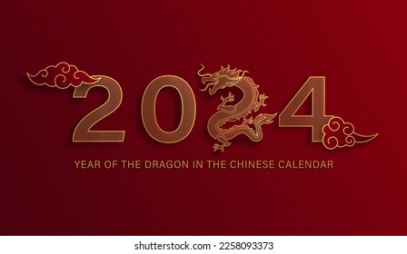 Red vector banner, poster, premade card template. Chinese illustration of the zodiac sign Dragon. Chinese lunar calendar 2024 symbol in gold paper cut style with traditional patterns. Chinese new year