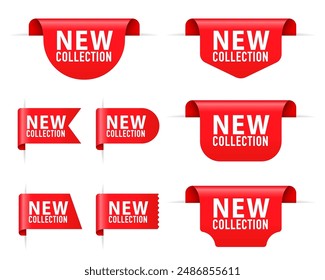 Cinta de Anuncio de Vector rojo nueva colección. Conjunto de Anuncios de cinta roja. Plantillas de promociones, ofertas especiales de descuento, Anuncios nuevos y Grandes. Ilustración vectorial