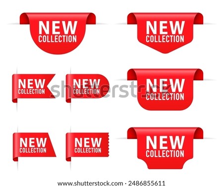 Red vector banner ribbon new collection. Red ribbon tag banners set. Templates for promotions, special discount offers, new and large sale banners. Vector illustration