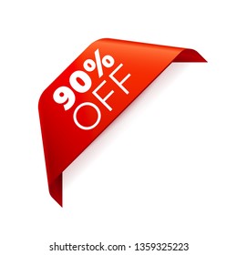 Red Vector Banner Ribbon on white background, corner ribbon. 90 percent off