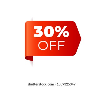 Red Vector Banner Ribbon on white background, left bookmark. 30 percent off