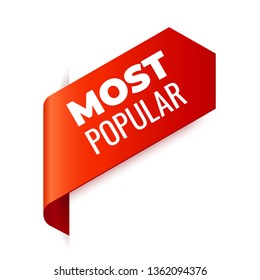 Red Vector Banner Ribbon on white background, left bookmark. Most Popular