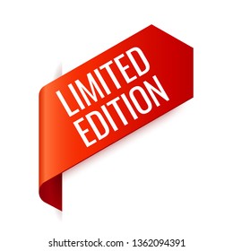Red Vector Banner Ribbon on white background, left bookmark. Limited Edition