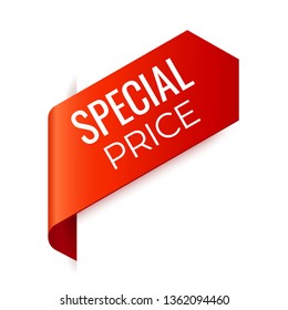 Red Vector Banner Ribbon on white background, left bookmark. Special price