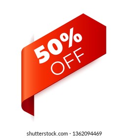 Cinta de la pancarta del vector rojo sobre fondo blanco, marcador izquierdo. 50% de descuento