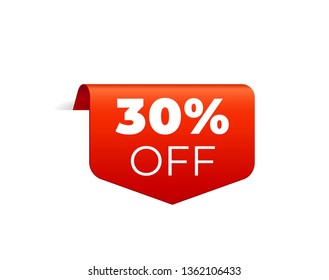 Red Vector Banner Ribbon on white background, top bookmark. 30 percent off