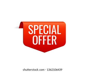 Red Vector Banner Ribbon on white background, top bookmark. Special Offer