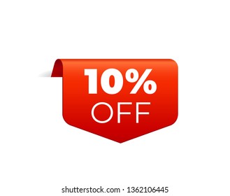 Red Vector Banner Ribbon On White Background, Top Bookmark. 10 Percent Off