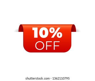 Red Vector Banner Ribbon On White Background, Top Bookmark. 10 Percent Off