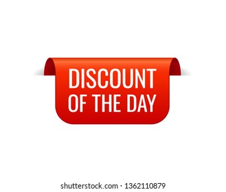 Red Vector Banner Ribbon on white background, top bookmark. Discount of the day