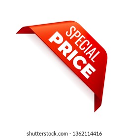 Cinta de la pancarta del vector rojo sobre fondo blanco, cinta de esquina. Precio especial