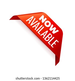 Red Vector Banner Ribbon on white background, corner ribbon. Now Available