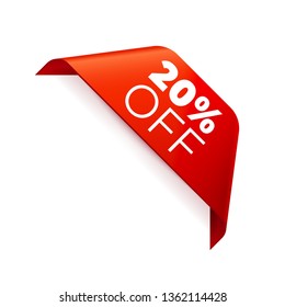 Rode Vector Banner Ribbon op witte achtergrond, hoek lint. 20% korting