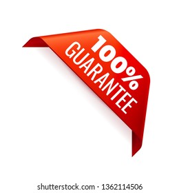 Red Vector Banner Ribbon on white background, corner ribbon. 100 percent guarantee