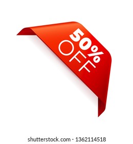 Red Vector Banner Ribbon on white background, corner ribbon. 50 percent off