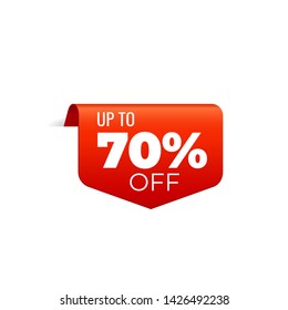 Red Vector Banner Ribbon on white background, top bookmark, up to 70 percent off - Vector Illustration