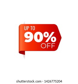 Red Vector Banner Ribbon on white background, left bookmark, up to 90 percent off - Vector Illustration