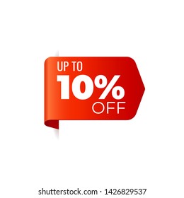Red Vector Banner Ribbon on white background, left bookmark, up to 10 percent off - Vector Illustration