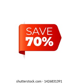 Red Vector Banner Ribbon on white background, left bookmark, save 70 percent - Vector Illustration