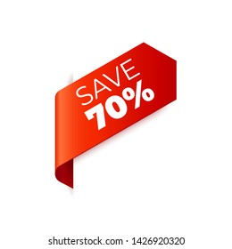 Red Vector Banner Ribbon on white background, left bookmark, save 70 percent - Vector Illustration