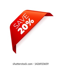 Red Vector Banner Ribbon on white background, corner ribbon, save 20 percent - Vector Illustration