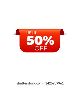 Red Vector Banner Ribbon on white background, top bookmark, up to 50 percent off - Vector Illustration