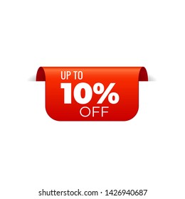 Red Vector Banner Ribbon On White Background, Top Bookmark, Up To 10 Percent Off - Vector Illustration