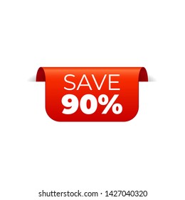 Red Vector Banner Ribbon on white background, top bookmark, save 90 percent - Vector Illustration