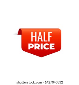 Red Vector Banner Ribbon on white background, top bookmark, half price - Vector Illustration