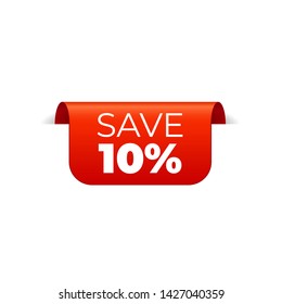 Red Vector Banner Ribbon On White Background, Top Bookmark, Save 10 Percent - Vector Illustration