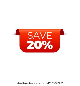 Red Vector Banner Ribbon on white background, top bookmark, save 20 percent - Vector Illustration