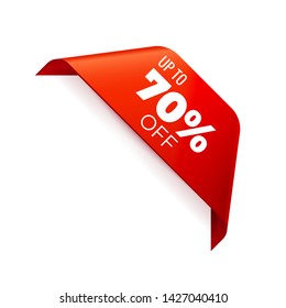 Red Vector Banner Ribbon on white background, corner ribbon, up to 70 percent off - Vector Illustration