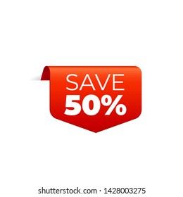 Red Vector Banner Ribbon on white background, top bookmark, save 50 percent - Vector Illustration