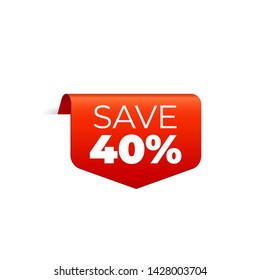 Red Vector Banner Ribbon on white background, top bookmark, save 40 percent - Vector Illustration