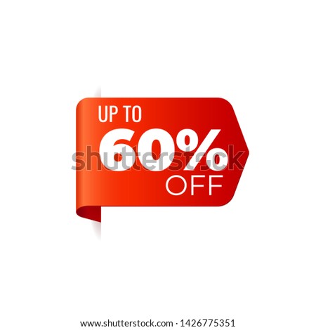 Red Vector Banner Ribbon on white background, left bookmark, up to 60 percent off - Vector Illustration