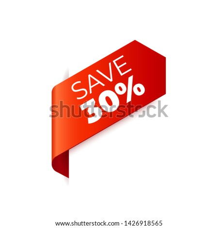 Red Vector Banner Ribbon on white background, left bookmark, save 30 percent - Vector Illustration