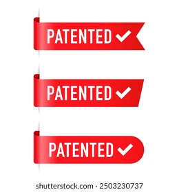 Red vector banner ribbon patented label. Red ribbons, tags and stickers. Vector illustration