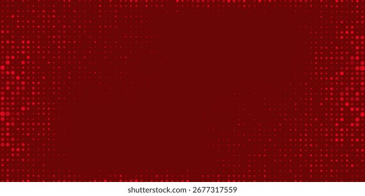 Anuncio de Vector rojo con una serie de círculos y puntos. Fondo de dona. Plantilla de diseño creativo. Ilustración de semitono tecnológico.