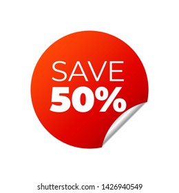 Red Vector Banner Sticker on white background, save 50 percent - Vector Illustration