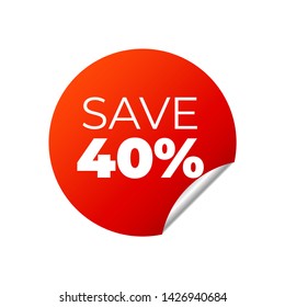 Red Vector Banner Sticker on white background, save 40 percent - Vector Illustration