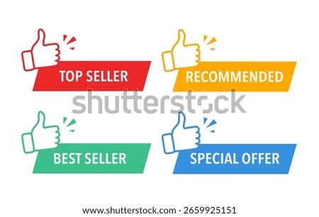 Red vector banner top seller with thumbs up and stars. Modern web banner element. Top seller sale label. Bestseller sticker. Recommendation best seller sign. Good advice.