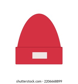 Red Vector Beanie Hat With Unbranded Mockup Label Isolated On White. Flat Minimal Mock-up  Illustration.