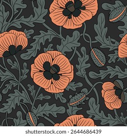RED VECTOR BLOOMING POPPIES ON A DARK GRAY BACKGROUND