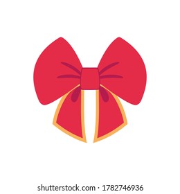Red vector bow. Cartoon vector red bow with yellow or gold stroke ribbon satin bows for xmas gifts, present cards and luxury wrap pack isolated on white background