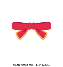 Roter Vektorbogen. Cartoon, Vektorroter Bogen mit gelbem oder goldenem Strich, Bandsatin-Bogen für Weihnachtsgeschenke, Geschenkkarten und luxuriöser Packung, einzeln auf weißem Hintergrund