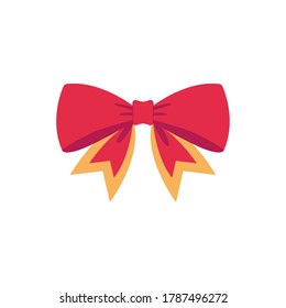 Red vector bow. Cartoon vector red bow with yellow or gold stroke ribbon satin bows for xmas gifts, present cards and luxury wrap pack isolated on white background