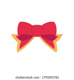 Red vector bow. Cartoon vector red bow with yellow or gold stroke ribbon satin bows for xmas gifts, present cards and luxury wrap pack isolated on white background